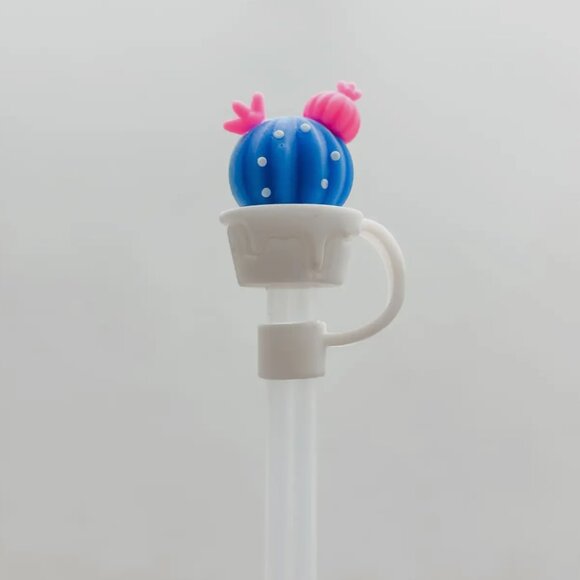 Blue and Pink Cactus Plant Straw Topper - Picture 2 of 2